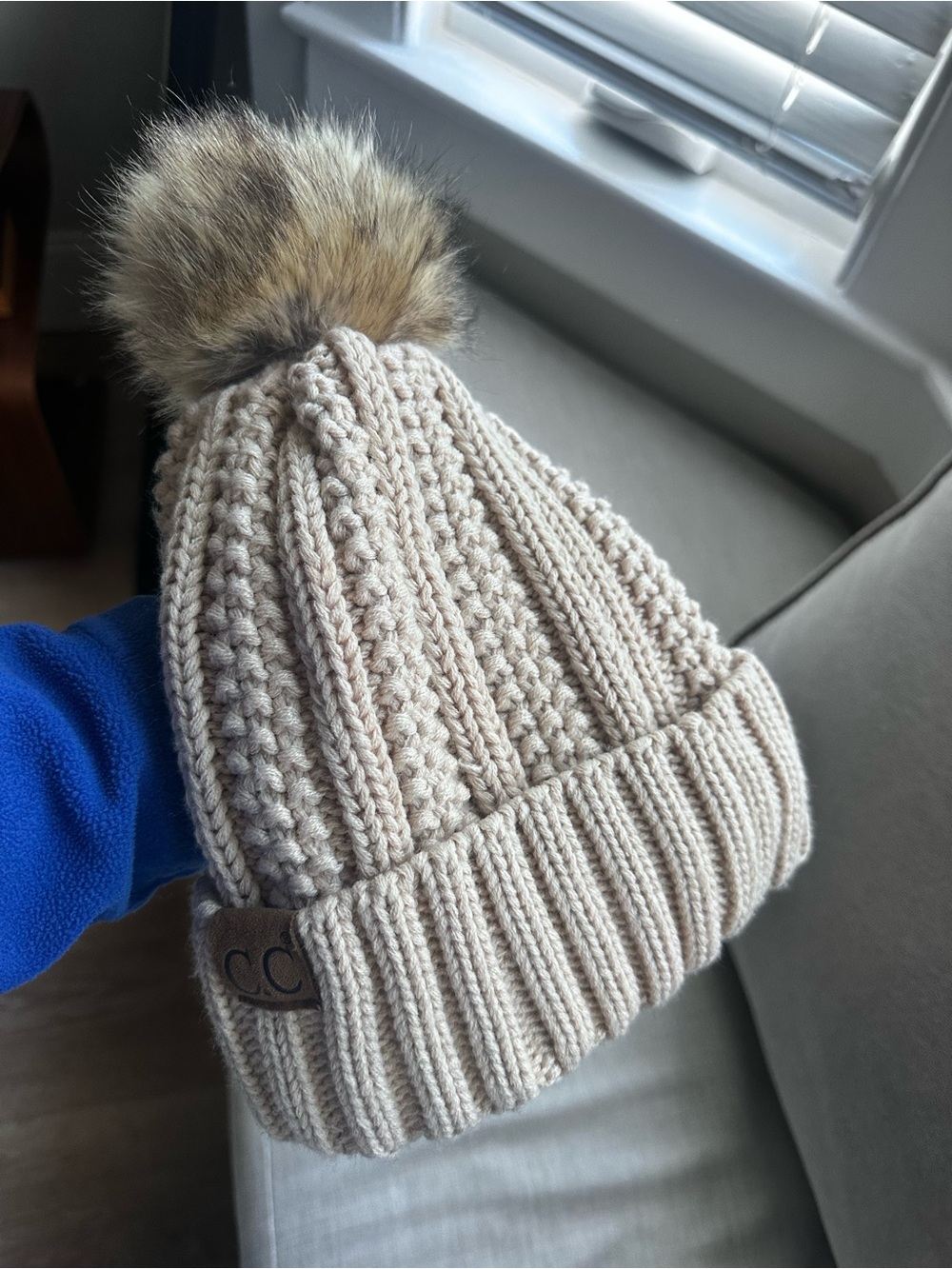 C.C Beige Knit Pom Beanie with Faux Fur Pom